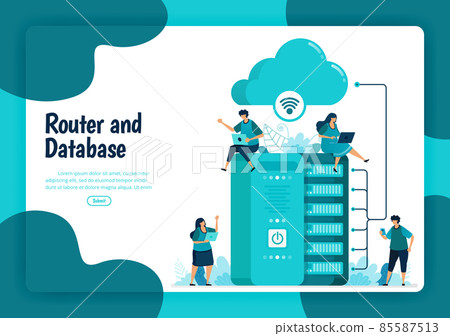 Landing page template of router and database service. Wifi network and infrastructure for internet connection and safe access. Illustration of landing page, website, mobile apps, poster, flyer Landing page template of router and database service. Wifi network and infrastructure for internet connection and safe access. Illustration of landing page, website, mobile apps, poster, flyer 85587513
