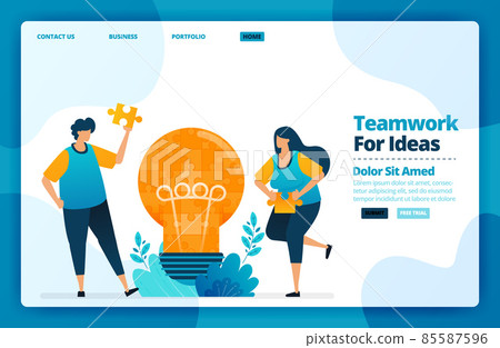 Landing page vector design of teamwork for ideas. Design for website, web, banner, mobile apps, poster, brochure, template, billboard, welcome page, promotion, cover, business card, advertisement Landing page vector design of teamwork for ideas. Design for website, web, banner, mobile apps, poster, brochure, template, billboard, welcome page, promotion, cover, business card, advertisement 85587596