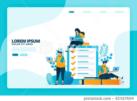 Cartoon illustration of surveys and examinations. Vector design for landing page website web banner mobile apps poster 85587604