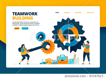 Cartoon illustration of solve puzzles in the industry. Building a team to advance the company. Human resource development fixing. Vector design for landing page website web banner mobile apps poster 85587621