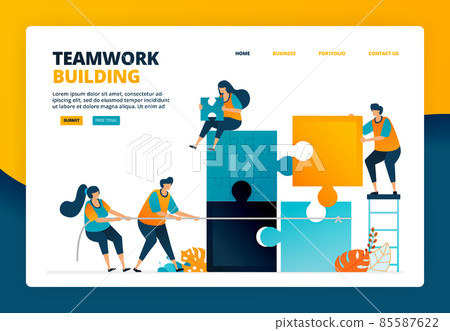 Cartoon illustration of completing puzzle games to train teamwork and collaboration in organization. Problem solving game for team. Vector design for landing page website web banner mobile apps poster 85587622