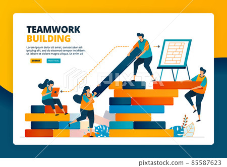 Cartoon illustration of strategy and planning in constructing the beam. Human development in teamwork, collaboration and build. Vector design for landing page website web banner mobile apps poster 85587623