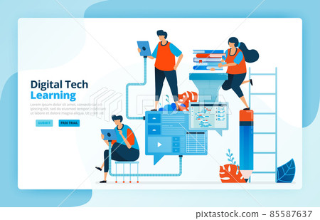 Vector illustration of activities from modern learning processes with technology, efficiency in education and distance learning. Learner communication. Designed for landing pages, web, mobile apps 85587637