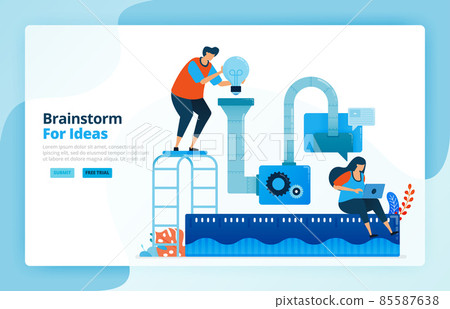 Vector illustration of activities from problem solving process and research idea with brainstorming. Teamwork collaboration, machines and discussions. Designed for landing pages, web, mobile apps 85587638