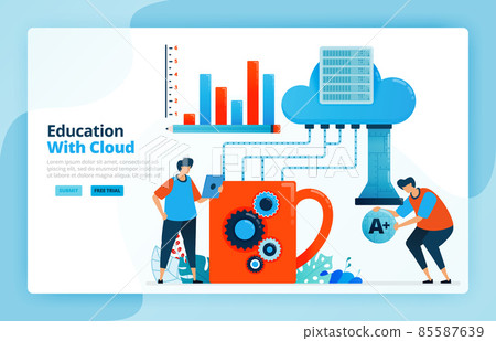 Vector illustration of activities from learning using cloud computing system. Technology 4.0 in education. System database backups and achievement charts. Designed for landing pages, web, mobile apps Vector illustration of activities from learning using cloud computing system. Technology 4.0 in education. System database backups and achievement charts. Designed for landing pages, web, mobile apps 85587639