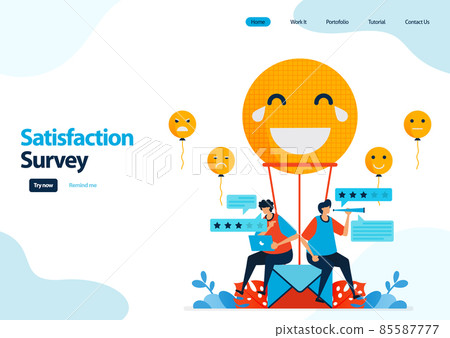 landing page template of emoticon satisfaction surveys. give rating and stars for apps services. good feedback with emoticons. illustration for banner, ui ux, website, web, mobile apps, flyer, card 85587777