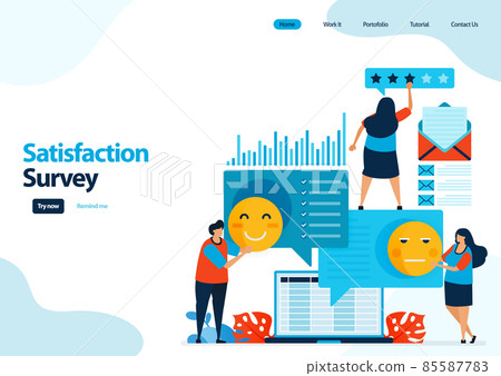 landing page template of emoticon satisfaction surveys. give rating and stars for apps services. good feedback with emoticons. illustration for banner, ui ux, website, web, mobile apps, flyer, card 85587783
