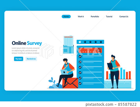 Landing page design for online survey and exam, filling out surveys with internet and validation software. Flat illustration for document, template, ui ux, web, website, mobile app, banner, flyer Landing page design for online survey and exam, filling out surveys with internet and validation software. Flat illustration for document, template, ui ux, web, website, mobile app, banner, flyer 85587822