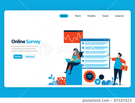 Landing page design for online survey and exam, filling out surveys with internet and validation software. Flat illustration for document, template, ui ux, web, website, mobile app, banner, flyer Landing page design for online survey and exam, filling out surveys with internet and validation software. Flat illustration for document, template, ui ux, web, website, mobile app, banner, flyer 85587823