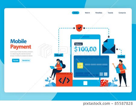 Landing page vector design for mobile payment system and cashless protection technology. Flat cartoon illustration for landing page, template, ui ux, web, website, mobile app, banner, flyer, brochure 85587828