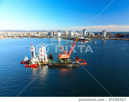 Aerial view of dredging work at Hakodate Port, Hakodate City, Hokkaido in winter 85588367