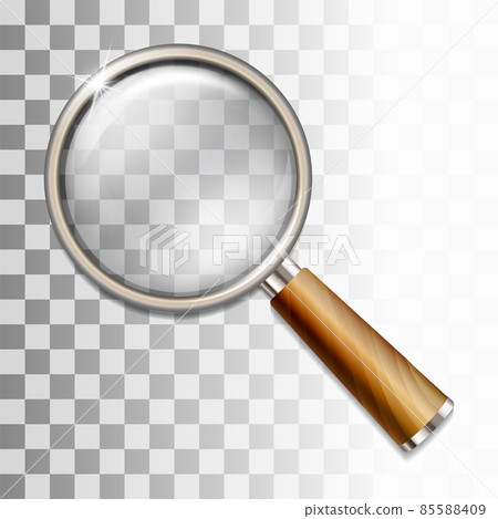 Realistic transparent magnifying glass with wooden handle. Vintage loupe. 85588409