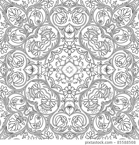 Fantasy flowers in retro, vintage, embroidery style. Seamless pattern, background.  85588508