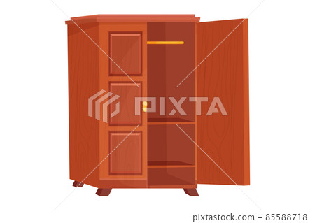 Wooden wardrobe empty furniture with shelf in cartoon style isolated on white background. Cupboard, drawer interior object. 85588718