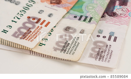 Close-up of banknotes. Five thousand, one thousand, five hundred rubles. Close-up of banknotes. Five thousand, one thousand, five hundred rubles. 85589084