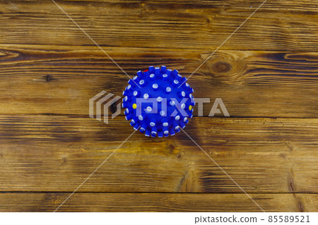 Blue dog toy ball on wooden background. Top view Blue dog toy ball on wooden background. Top view 85589521