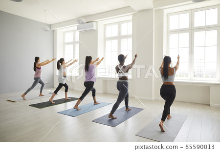 Group sports. Variety of young women perform Pilates exercises together in bright, spacious room. Rear view of a women standing in row in front of windows on sports mats with her arms outstretched. Group sports. Variety of young women perform Pilates exercises together in bright, spacious room. Rear view of a women standing in row in front of windows on sports mats with her arms outstretched. 85590013