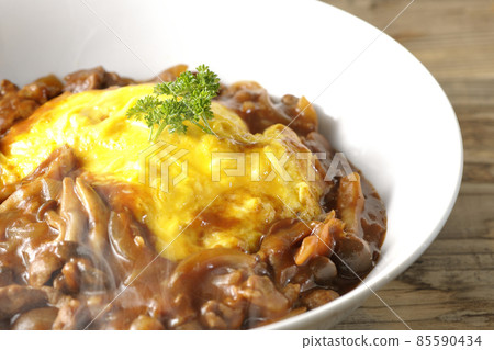 熱騰騰的煎蛋飯配上大量的 hayashi 醬汁 熱騰騰的煎蛋飯配上大量的 hayashi 醬汁 85590434