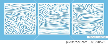 Set of decorative square panels with a carved pattern. Abstract ornament of uneven lines, waves, stripes. Sea texture. Template for plotter laser cutting of paper, metal engraving, wood carving, cnc. 85590523