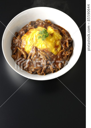 A bird's-eye view of hot omelet rice with plenty of hayashi sauce on a black background A bird's-eye view of hot omelet rice with plenty of hayashi sauce on a black background 85590644