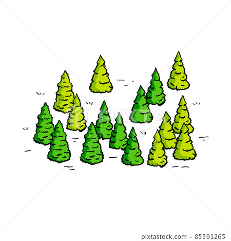 Christmas trees in green forest. Summer Natural landscape for retro maps in engraving style. Hand drawn outline cartoon illustration 85591265