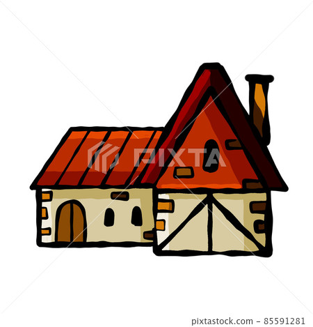 Medieval house. Village building. Old house with chimney. Cartoon retro illustration Medieval house. Village building. Old house with chimney. Cartoon retro illustration 85591281