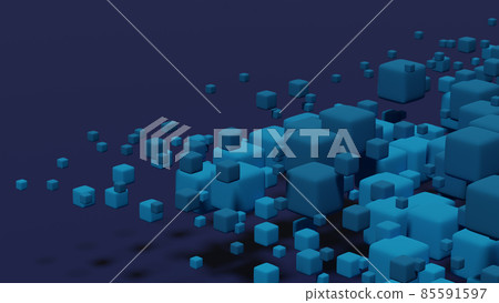 Blue matte cubes small and large on a dark purple background, abstract 3d render 85591597
