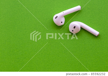 white earphone of listening arrangement  flat lay postcard style of lifestyle  85592232