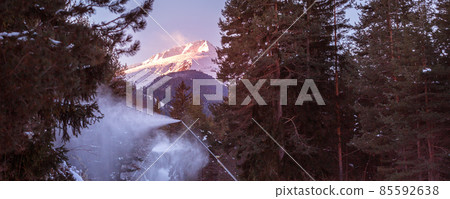 Bansko, Bulgaria forest, ski road run at dawn Bansko, Bulgaria forest, ski road run at dawn 85592638