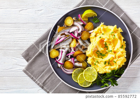 sprat red onion and pickles salad with potato mash sprat red onion and pickles salad with potato mash 85592772