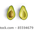 Avocado. Sliced fruit Isolated on white background. Flat lay, top view. Clipping path inside 85594679