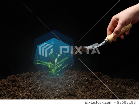 green sprout in a blue vacuum and a female hand with a shovel of earth on a black background. Environmental protection concept 85595198