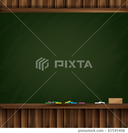 A green board with a wooden frame is attached to a dark slatted wall background. A green board with a wooden frame is attached to a dark slatted wall background. 85595406