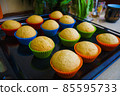 Cool freshly baked vanilla muffins on a metal sheet. 85595733