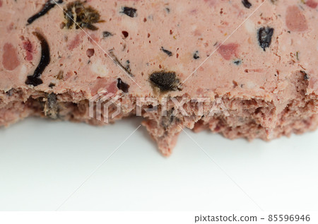 Closeup on the pork liver pate with mushrooms, warming green peppercorns and a touch of garlic 85596946