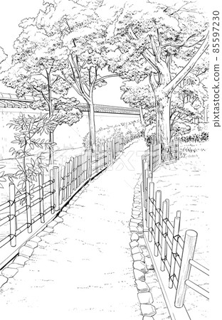 卡通風格筆劃插圖日式_花園 85597230