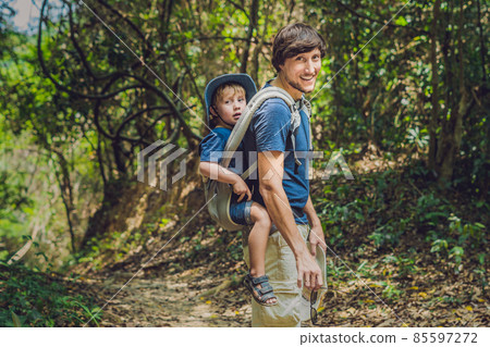 The father carries his son in a baby carrying is hiking in the forest. Tourist is carrying a child on his back in the nature of Vietnam The father carries his son in a baby carrying is hiking in the forest. Tourist is carrying a child on his back in the nature of Vietnam 85597272