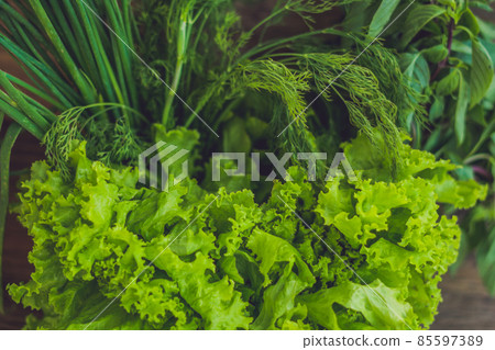 A variety of fresh organic herbs on an old wooden background 85597389