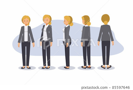Cartoon character of formal blond hair business woman. front, side, back, 3-4 view character. flat vector illustration. 85597646