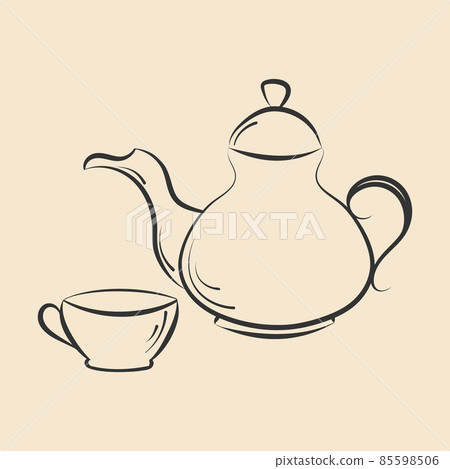 Tea time vector isolated elements. Tea pot, cup outline icons. Hand drawn ink brush line, sketch doodle style. 85598506