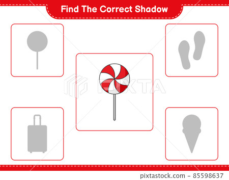 Find the correct shadow. Find and match the correct shadow of Candy. Educational children game, printable worksheet, vector illustration Find the correct shadow. Find and match the correct shadow of Candy. Educational children game, printable worksheet, vector illustration 85598637