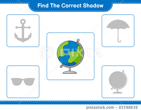 Find the correct shadow. Find and match the correct shadow of Globe. Educational children game, printable worksheet, vector illustration Find the correct shadow. Find and match the correct shadow of Globe. Educational children game, printable worksheet, vector illustration 85598638