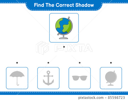 Find the correct shadow. Find and match the correct shadow of Globe. Educational children game, printable worksheet, vector illustration Find the correct shadow. Find and match the correct shadow of Globe. Educational children game, printable worksheet, vector illustration 85598723