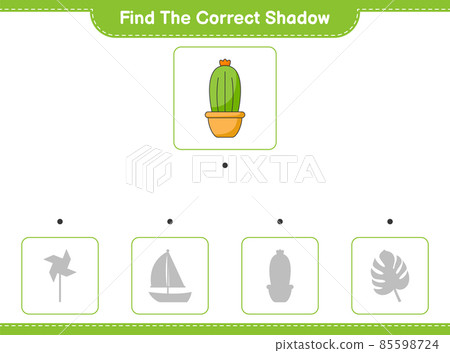 Find the correct shadow. Find and match the correct shadow of Cactus. Educational children game, printable worksheet, vector illustration Find the correct shadow. Find and match the correct shadow of Cactus. Educational children game, printable worksheet, vector illustration 85598724
