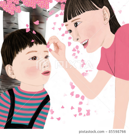 櫻花和母子散落的花瓣白色背景 85598766