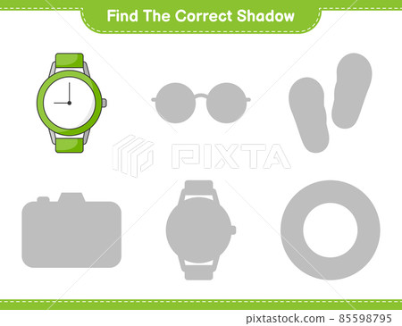 Find the correct shadow. Find and match the correct shadow of Watches. Educational children game, printable worksheet, vector illustration Find the correct shadow. Find and match the correct shadow of Watches. Educational children game, printable worksheet, vector illustration 85598795