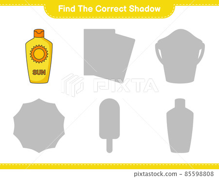 Find the correct shadow. Find and match the correct shadow of Sunscreen. Educational children game, printable worksheet, vector illustration Find the correct shadow. Find and match the correct shadow of Sunscreen. Educational children game, printable worksheet, vector illustration 85598808