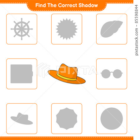 Find the correct shadow. Find and match the correct shadow of Summer Hat. Educational children game, printable worksheet, vector illustration 85598844