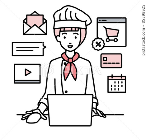 A cook woman sitting at a desk and doing an online shop or marketing job on a PC 85598925