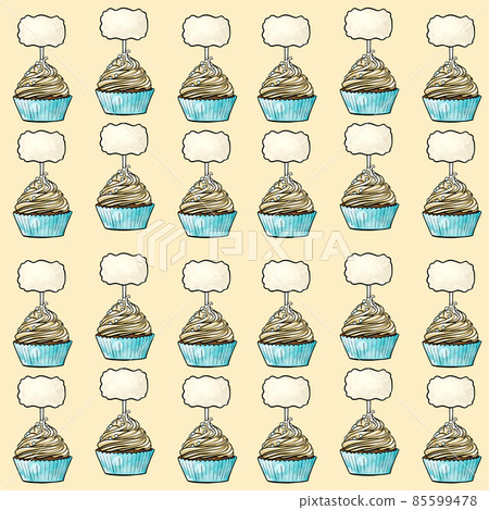 Seamless raster pattern of cupcakes with blue base and yellow cream fillings with a sign under the Seamless raster pattern of cupcakes with blue base and yellow cream fillings with a sign under the 85599478